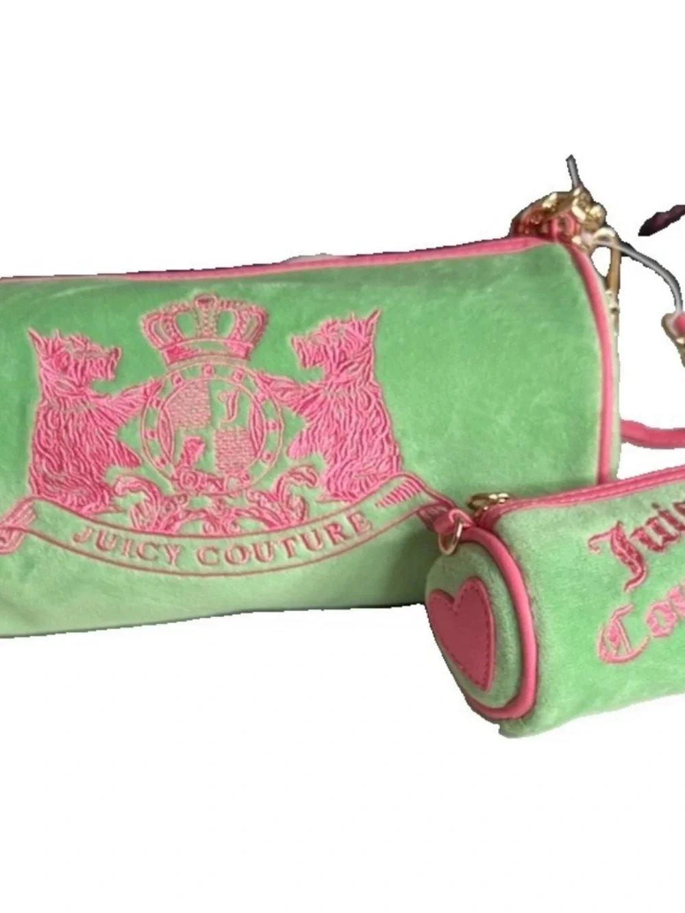 Juicy Couture Retro Green Pink Scottie Dog Barrel Crossbody Bag Charm Set 2pc